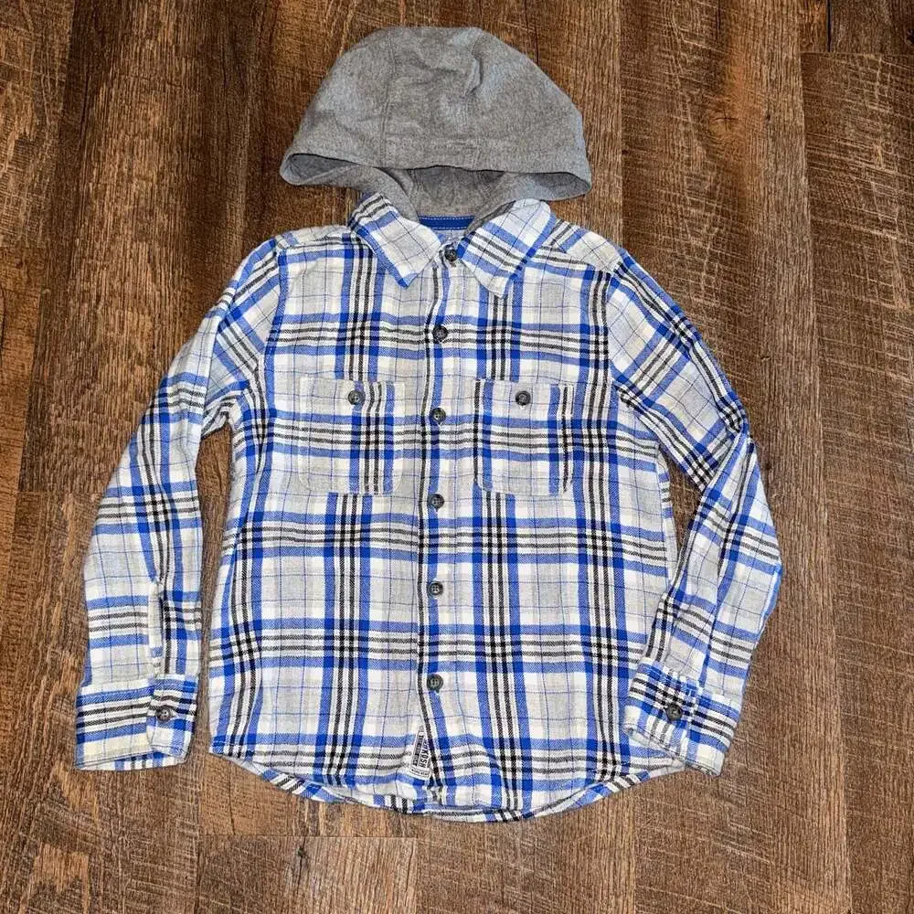 OshKosh B'gosh Boys Blue Plaid Hooded Flannel Shirt Size 4/5